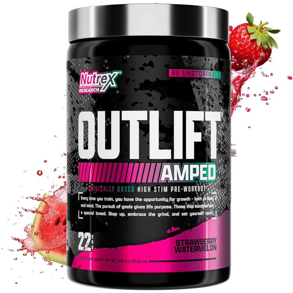 OUTLIFT Amped Max Dosed HIGH STIM Pre Workout Powder 6G Citrulline, 3.2G Beta Alanine, Alpha GPC, CognatiQ, Extreme Energy, Μαζικές Αντλίες, Ηλεκτρολύτες (Strawberry Watermelon, 22 Servings)