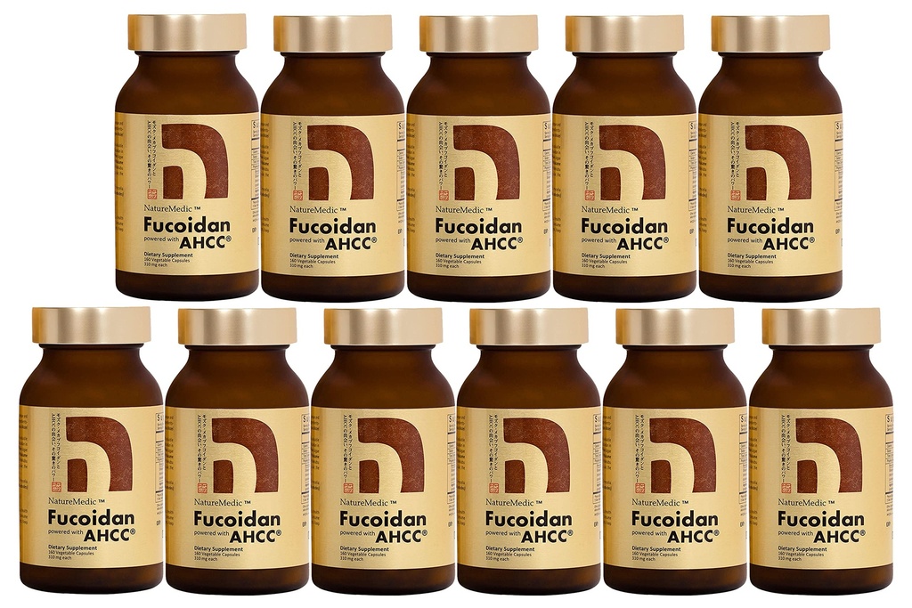 Fucoidan Powered with AHCC® Brown Seaweed Immunity Supplement with High Purity Organic Mekabu Mozuku Agaricus 10 Μπουκάλια + Δωρεάν 1 φιάλη - 1760 κάψουλες λαχανικών Κατασκευασμένες στην Ιαπωνία