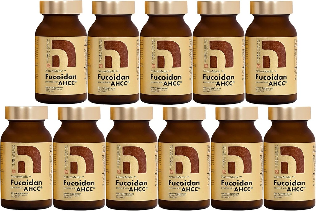 Fucoidan Powered with AHCC® Brown Seaweed Immunity Supplement with High Purity Organic Mekabu Mozuku Agaricus 10 Μπουκάλια + Δωρεάν 1 φιάλη - 1760 κάψουλες λαχανικών Κατασκευασμένες στην Ιαπωνία