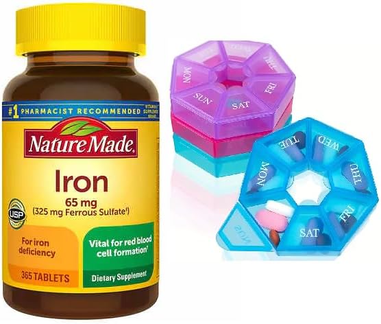 Nature Made Iron 65 mg (325 mg Ferrous Sulfate) Δισκία, Συμπλήρωμα διατροφής για την υποστήριξη των ερυθρών αιμοσφαιρίων, 365 δισκία, 365 Day Supply Bunde με Weekly Pill Organizer