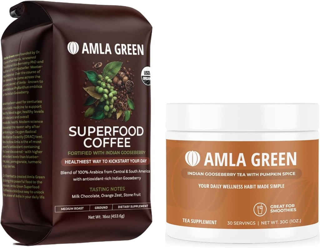 Amla Πράσινο Βιολογικό Έδαφος Superfood Καφές και Άμλα σκόνη Superfood Συμπλήρωμα με κολοκύθα Spice, 20x Ultra συμπυκνωμένο Amla