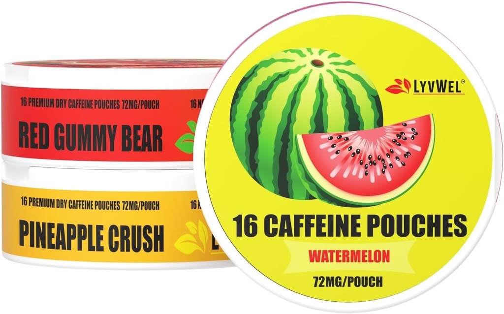 LyvWel 72mg Caffeine Energy Pouches – Καρπούζι, Κόκκινο Gummy Bear, Pineapple Crush – Juicy Clean Energy with Guarana – 3-Pack (48 Total Pouches)