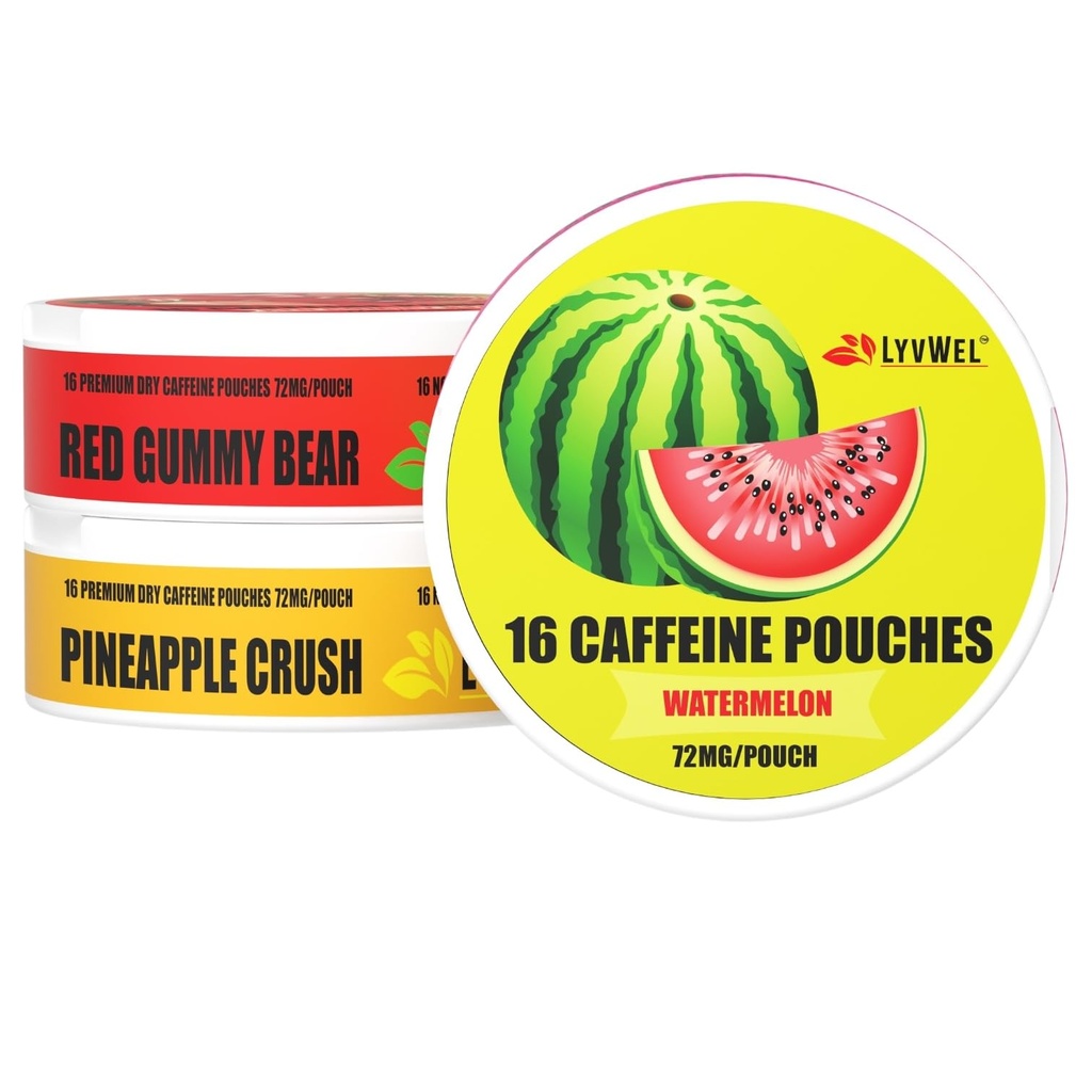 LyvWel 72mg Caffeine Energy Pouches – Καρπούζι, Κόκκινο Gummy Bear, Pineapple Crush – Juicy Clean Energy with Guarana – 3-Pack (48 Total Pouches)