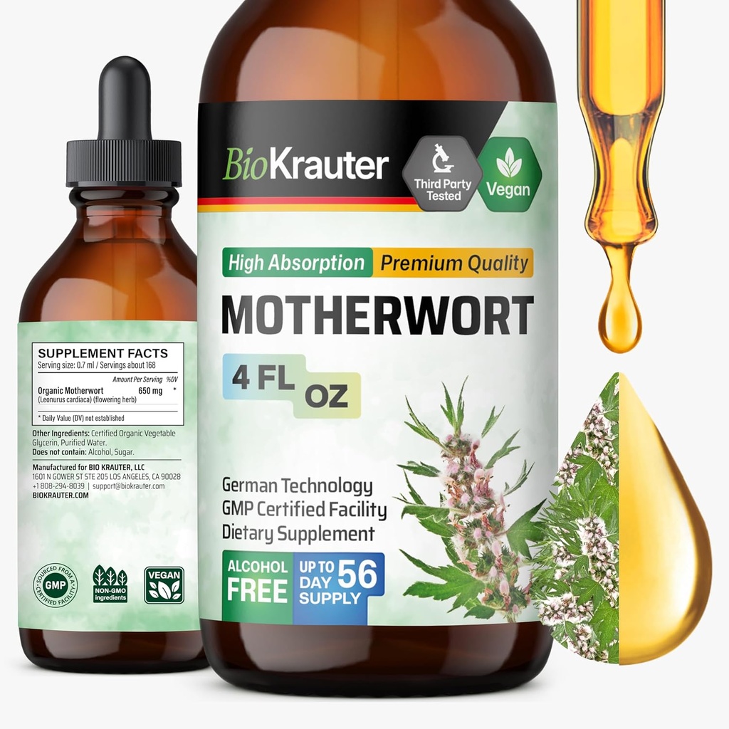 BIO KRAUTER Motherwort Tincture - Motherwort Herbal Extract - Συμπλήρωμα Υγρού για την Υγεία των Γυναικών - Προώθηση της Ηρεμίας - Αλκοόλ & Χωρίς Ζάχαρη - Vegan Drops 4 Fl.Oz.