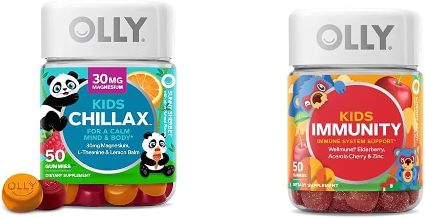 OLLY Kids Chillax, Magnesium Gummies Plus L-Theanine, Lemon Balm & Kids Immunity Gummy, Immune Support, Wellmune, Elderberry, Vitamin C, Zinc, Chewable Supplement, Cherry - 50 Count