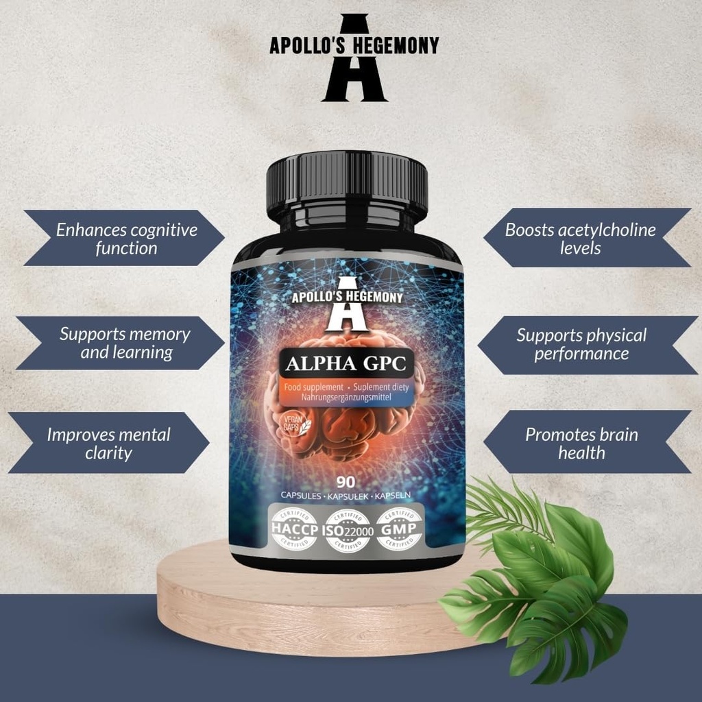 APOLLO'S HEGEMONY Alpha-GPC 600mg ανά Ημερήσια Δόση - 90 Vegan Choline Capses - 99% Choline Alfoscerate Dietary Supplement - Lipid Choline - Memory and Concentration Capsles