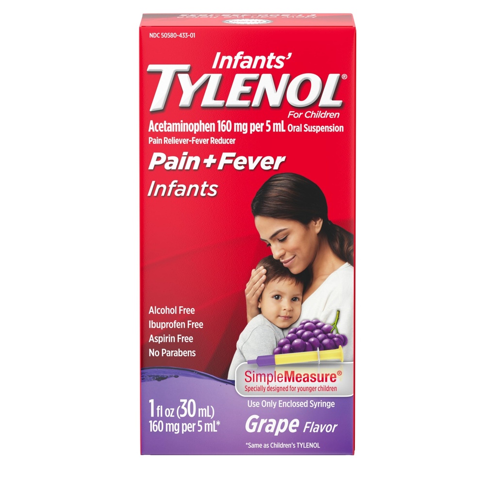 Infants' Tylenol Oral Suspension Liquid Medicine with Acetaminophen, Baby Fever Reducer & Pain Reliever for Minor Aches & Pains, Sore Throat, Headache & Toothache, Grape Flavor, 1 fl. oz