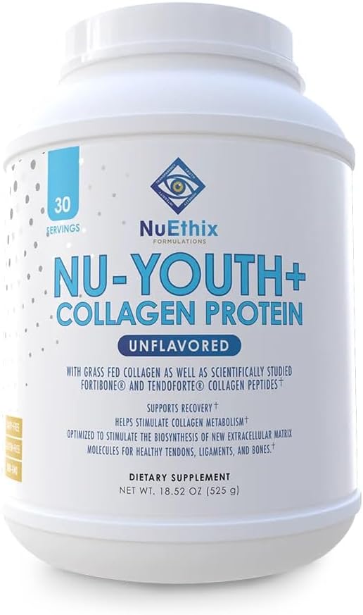 NuEthix Formulations Nu-Youth + Collagen Protein, Collagen Peptides, May Help Support Bones and Joints Dietary Supplement, 30 Servings