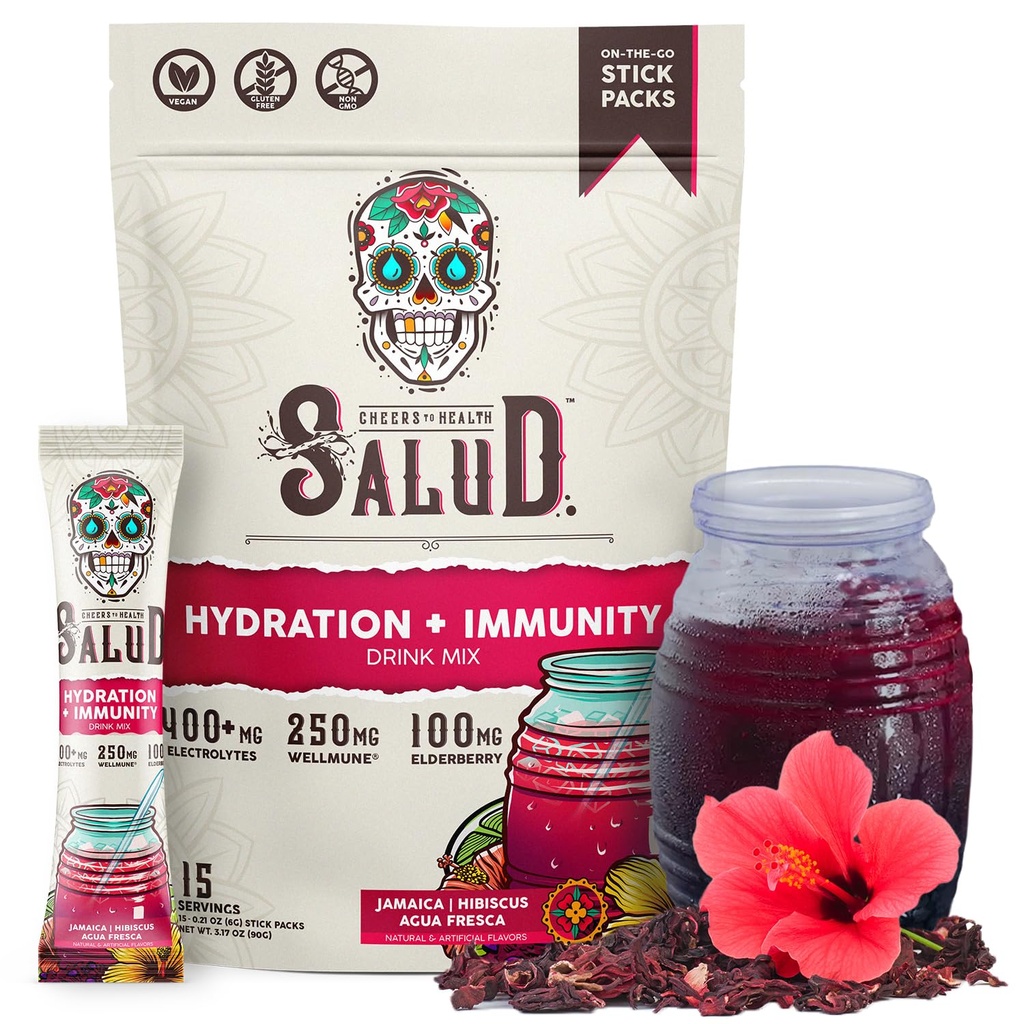 Salud 2-in-1 Hydration Packets + Immunity Electrolytes Powder, Hibiscus - Jamaica Agua Fresca Drink Mix, Elderberry, Dairy & Soy Free, Non-GMO, Gluten Free, Vegan, Low Calorie, 1g Sugar (15 Servings)