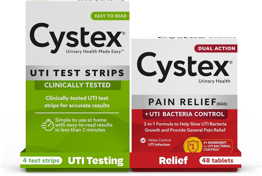 Cystex Urinary Tract Infection (UTI) Test Strips + Pain Relief: 4 Test Strips & 48 Capsules Pain Relief Medicine