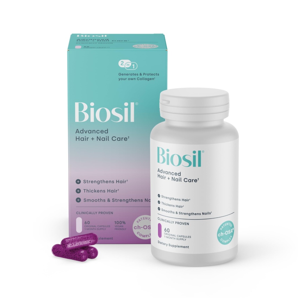 Biosil Advanced Hair + Nail Care - Growth Vitamins for Women - Strengen & Thicken Strands - 60 Κάψουλες - Πατενταρισμένο ch-OSA - 30-Day Supply