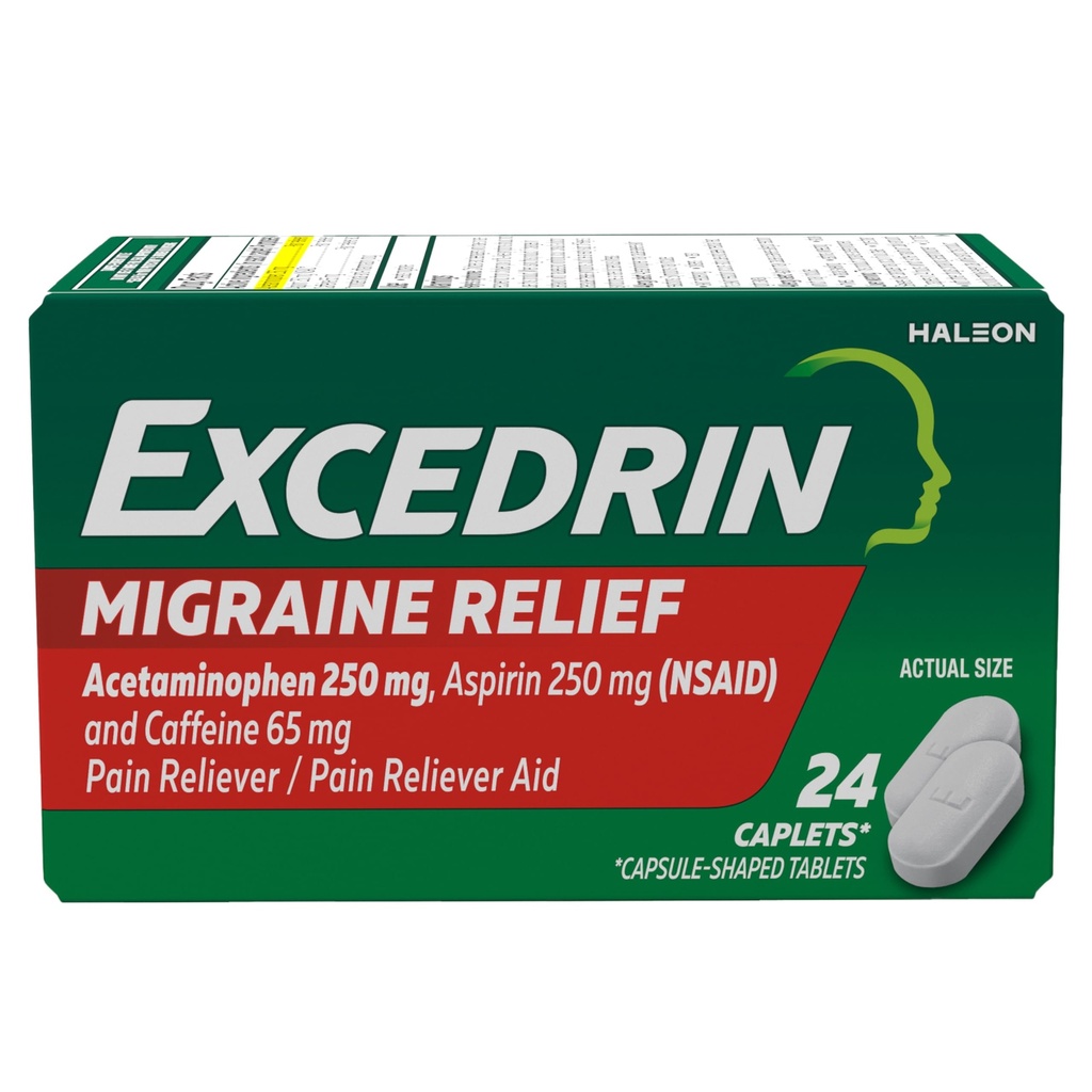 Excedrin Ημικρανία Ανακουφιστικά Caplets για τα συμπτώματα της ημικρανίας, Acetaminophen 250mg, Aspirin 250mg, Caffeine 65mg, Pain Reliever, 24 Count