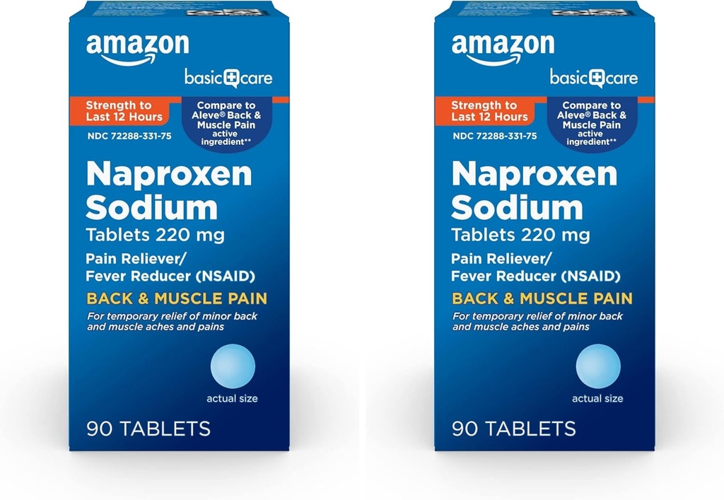 Basic Care Back and Muscle Pain, Naproxen Sodium Tablets 220 mg, Pain Reliever and Fever Reducer, για Backache, Muscular Aches, Minor Arthritis Pain, Panhone and More, 90 Count (Pack of 2)
