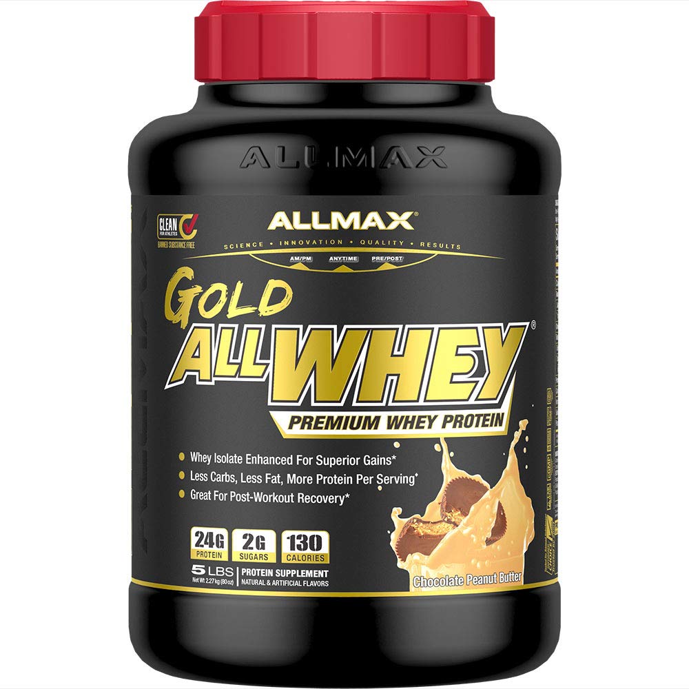 ALLMAX Gold ALLWHEY, Σοκολάτα Φυστικοβούτυρο - 5 λίβρες - 24 γραμμάρια πρωτεΐνης ανά Scoop - Χωρίς γλουτένη, χαμηλή υδατάνθρακες & χαμηλή ζάχαρη - περίπου 71 μερίδες