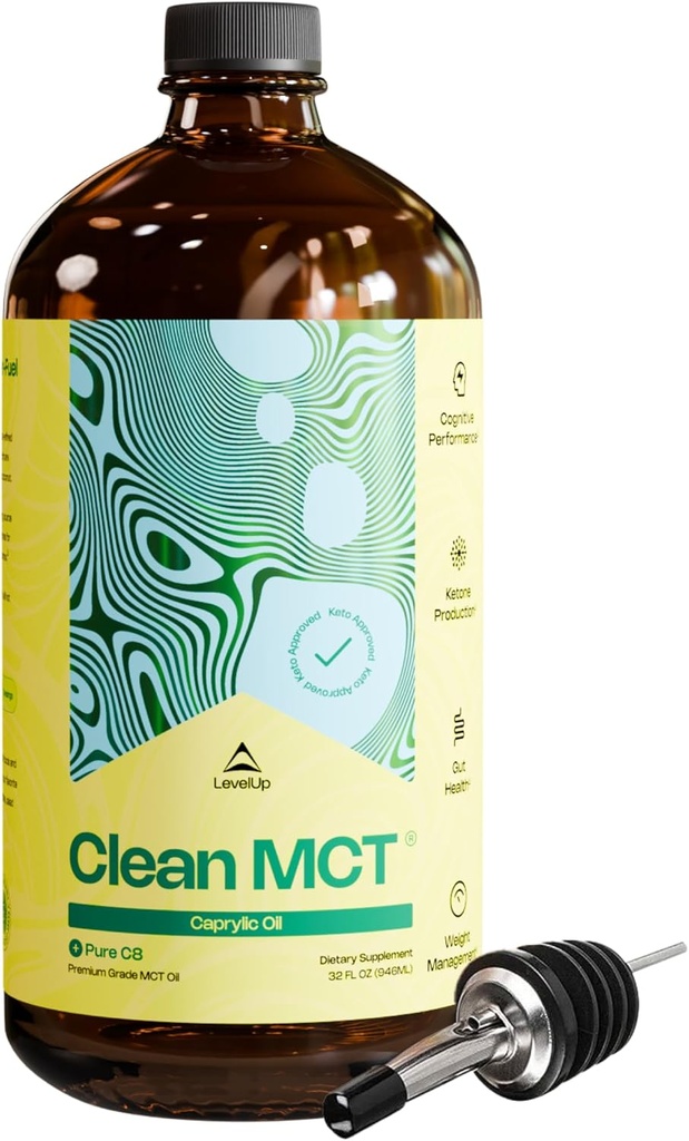 Επίπεδο Up Καθαρό MCT Λάδι - 100% Caprylic C8 για την ενέργεια, Focus, Gut Health, Brain Superfuel - συμπλήρωμα Κέτο για κετογόνο καφέ και κετόνες - μη GMO (32 oz γυάλινη φιάλη)