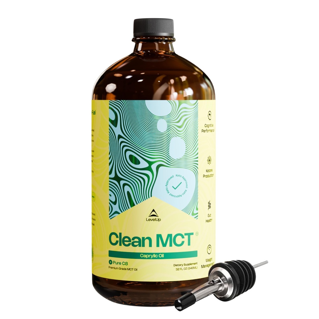 LevelUp Clean MCT Oil - 100% Caprylic C8 for Energy, Focus, Gut Health, Brain Superfuel - Keto Supplement for Ketogenic Coffee and Ketones - Non-GMO (32 oz Glass Bottle)