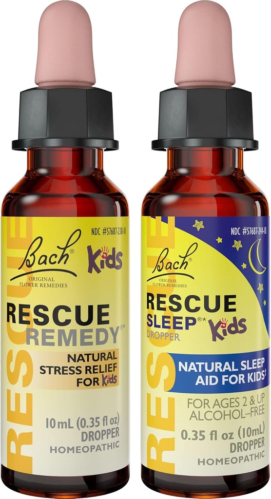Παιδικό πακέτο ημέρας & νύχτας, Bach RESCUE Remedy Kids Dropper [και] RESCUE Sleep Kids Dropper- 2-Pk, Stress Relief & Sleep Support with Natural Flower Essences, Ομοιοπαθητική, Μη-Alcohol Formula, 10mL Ea
