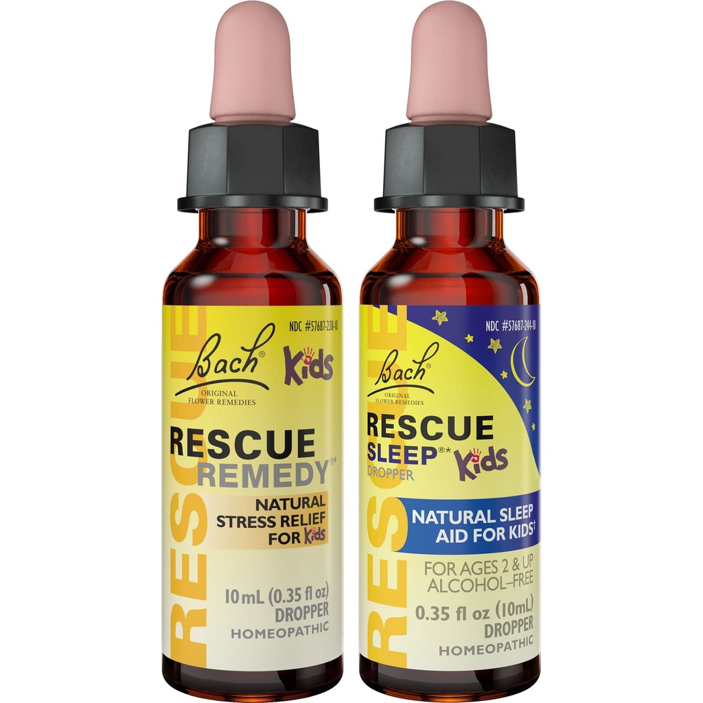 Kids Day & Night Bundle, Bach Rescue Remedy Kids Dropper [and] Rescue Sleep Kids Dropper- 2-Pk, Stress Relief & Sleep Support with Natural Flower Esssences, Homeopathic, Non-Alcohol Formula, 10mL Ea