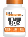 BulkSupplements.com Βιταμίνη D3 + K2 5000 IU Softgels - D3 K2 Supplement, for Immune Health - Gluten Free, 1 Softgel per Serving, 365 Count (Pack of 1)