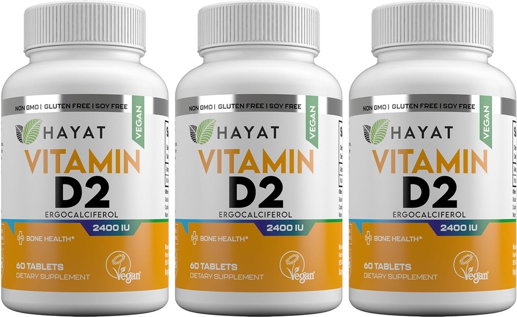 HAYAT Βιταμίνες Vegan Φυσική Βιταμίνη D 2400 IU, D2, Certified Hanal (πακέτο των 3)