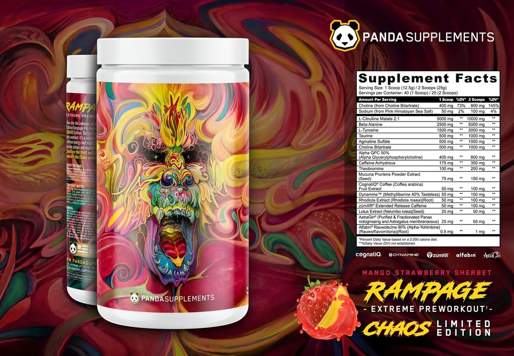 Underground Bio LabsTM Panda Supps: Rampage Chaos, Extreme Pre-Workout, High Stim, Maximum Pump, Focus, and Energy (Strawberry Mango Sherbet) (40 εξυπηρετήσεις)