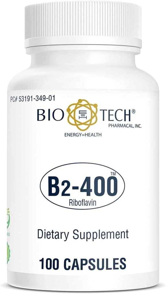 Bio-Tech Pharmacal B2-400, 100 Capsules – All-Natural Supplement – Supports Clarity and Productivity – No Dairy, Fish, Gluten, Peanut, Shellfish, GMOS, & Soy – No Artificial Colors