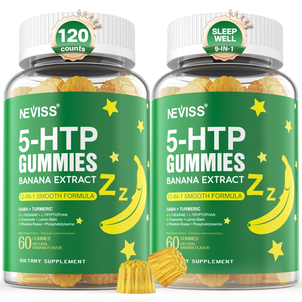 5-HTP Gummies + GABA - Χωρίς μελατονίνη - Relaxation Gummies with Banana Extract, L-Θεανίνη, L-Tryptophan, Βιταμίνη D3 for Healthy Rest Cycle & Circadian Rhythm, Brain Function & Muscle Relax, Pack of 2