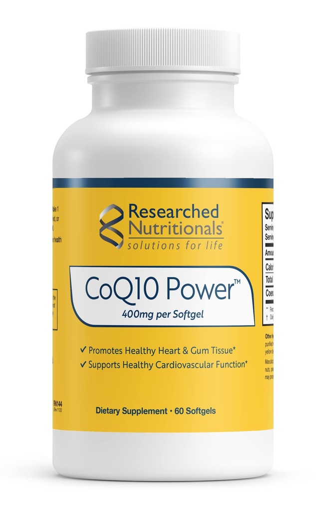 Researched Nutritionals CoQ10 400mg Softgels for Heart Health - Θεραπευτικό-Δυνατό συμπλήρωμα συνένζυμο Q10 - Υποστήριξη Φυσικής Ενέργειας & Ανοσολογική λειτουργία, Προώθηση Υγιούς Ιστού Οσφυϊκού (60 Softgels)