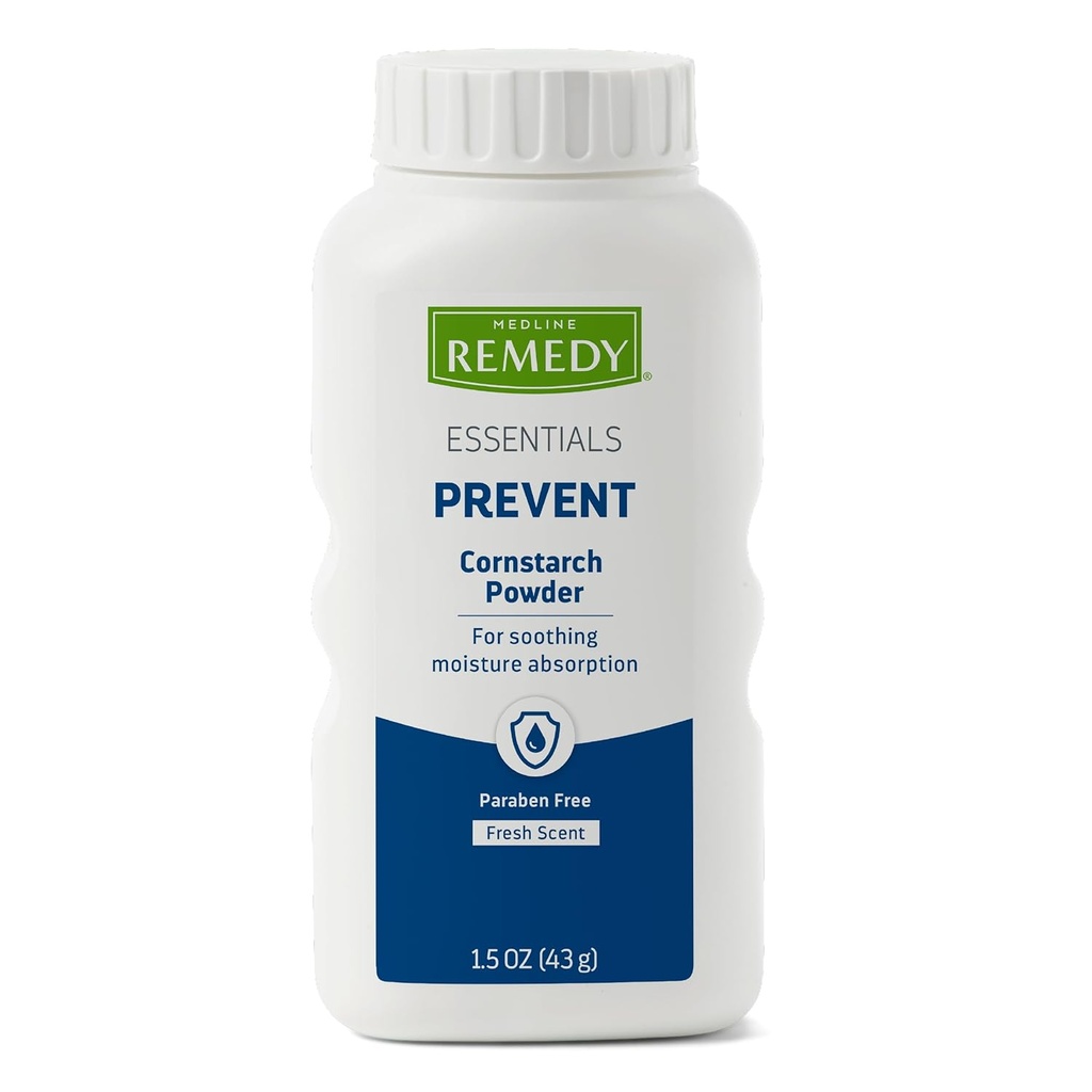 Medline Remedy Απαραίτητη σκόνη καλαμποκιού (1,5 oz μπουκάλι), Φρέσκο άρωμα, Τάλκης Δωρεάν, ταξιδιωτικό μέγεθος, φροντίδα του δέρματος, Απορροφά ιδρώτα, καταπραΰνει, μειώνει την τριβή & Chafing, για ενήλικες, πόδια, Groin