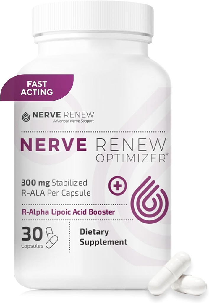 NERVE RENEW Βελτιστοποιητής - Συμπλήρωμα Διατροφής - 30 Κάψουλες - 300 mg Σταθεροποιημένο Λιποϊκό Οξύ R-Alpha ανά Καψάκιο για την υποστήριξη Φυσικών Νεύρων - Γρήγορη Απορρόφηση - Ασφαλές και Όλα Φυσικό