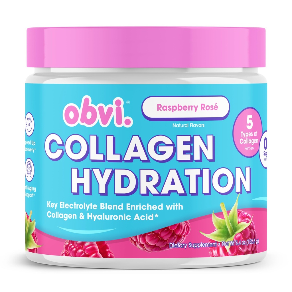 Obvi Hydration Powder | Electrolyte & Collagen Peptide Complex | 5 Types of Collagen with Hyaluronic Acid | Supports Skin Elasticity & Joint Health | Sugar-Free | Raspberry Rose | 30 Servings