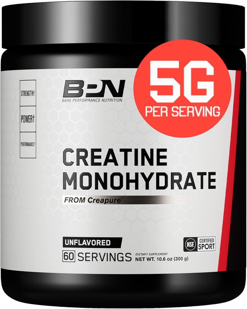 BARE PERFORMANCE NUTRITION, BPN Pure Creatine Monohydrate Powder by Creapure, 5g Creatine per Service, Υποστηρίζει την ανάπτυξη των μυών, Unflaved Creatine Powder, 60 Υπηρεσίες