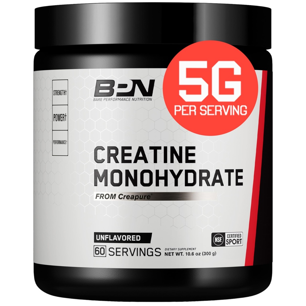 BARE PERFORMANCE NUTRITION, BPN Pure Creatine Monohydrate Powder by Creapure, 5g Creatine per Serving, Υποστηρίζει την ανάπτυξη των μυών, Unlavored Creatine Powder, 60 Υπηρεσίες