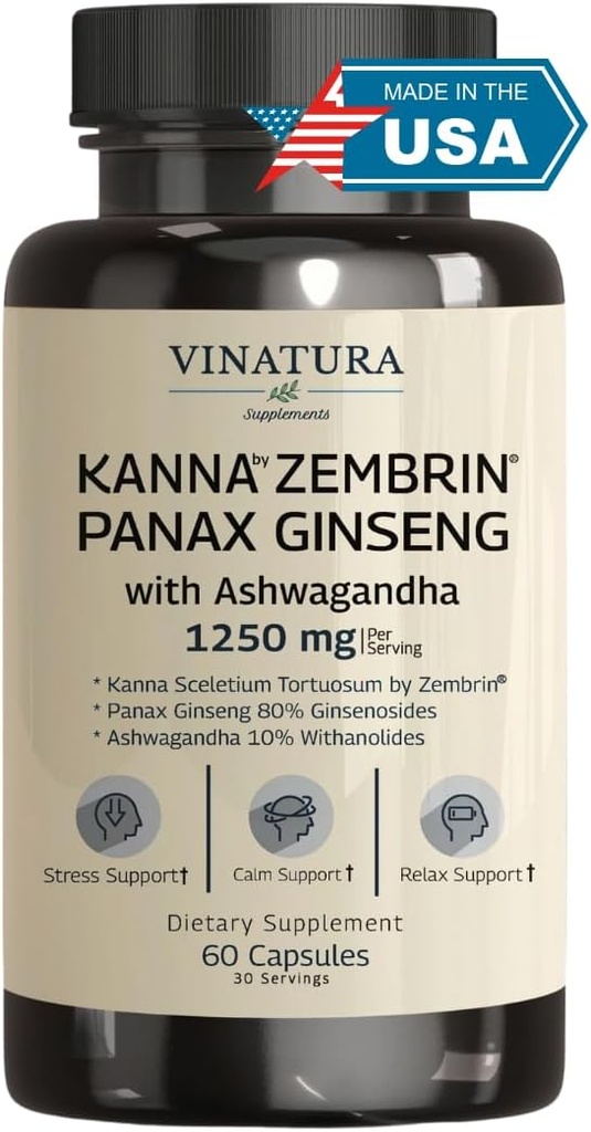 VINATURA Kanna Zembrin Sceletium Tortuosum - 50mg Kanna/Serving, με Ashwagandha, Ginseng * Υγεία των τρένων, Υποστήριξη ανακούφισης του στρες* Panax Ginseng 80% Ginsenosides Ashwagandha Κάψουλες 10% Withanolides