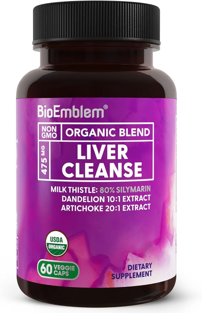 BioEmblem USDA Organic Liver Cleanse - 80% Silymarin Milk Thistle Extract για την υγεία του ήπατος και τη λειτουργία του ήπατος με εκχύλισμα Dandelion & Artichoke - 100% Vegan, μη ΓΤΟ - Φυτικό Ήπαρ - 60 κάψουλες