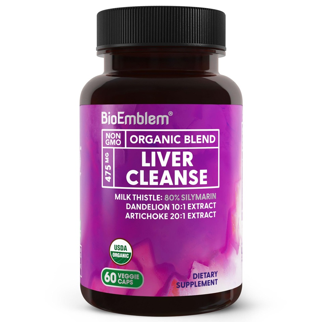 BioEmblem USDA Organic Liver Cleanse - 80% Silymarin Milk Thistle Extract for Liver Health and Liver Function with Dandelion & Artichoke Extracts - 100% Vegan, Non-GMO - Herbal Liver - 60 Capsules