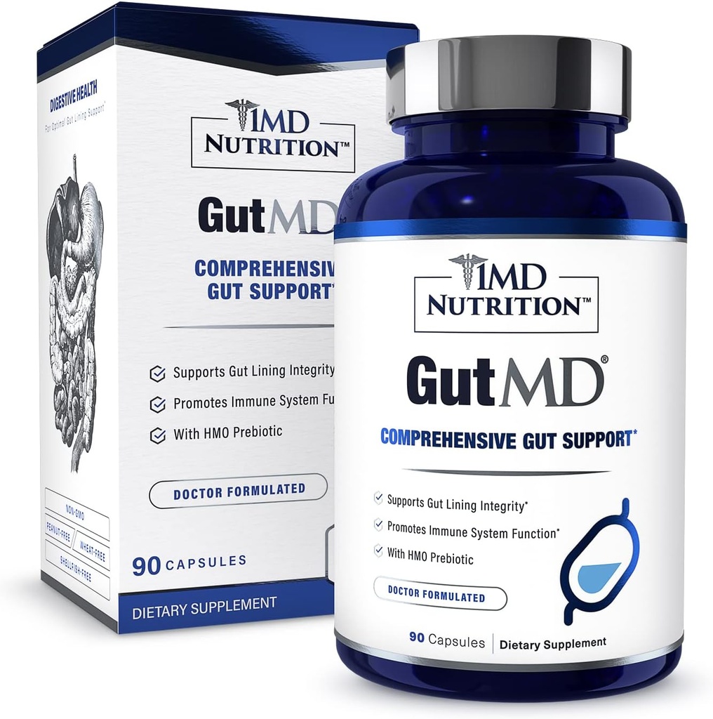 1MD Nutrition GutMD - L-Glutamine Capsules w/Prebiotic for Gut Health - L Glutamine Supplement - Supports Healthy Digestive Tract Integrity - 90 Capsules