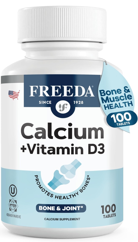 FREEDA 600mg Calcium with Vitamin D3 400 IU – Bone, Joint & Teeth Support – Vitamin D with Calcium Supplement for Women & Men – 600 mg – GF, Easy-to-Swallow Coated Tablets (100 Ct)