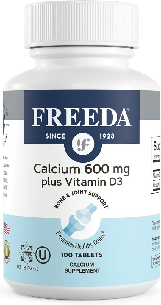 FREEDA Calcium 600 mg με βιταμίνη D3 400 IU – Βασικό συμπλήρωμα υποστήριξης οστών – Kosher, χωρίς γλουτένη, Easy- to-Swallow Επικαλυμμένα δισκία για γυναίκες & άνδρες (100 Ct)