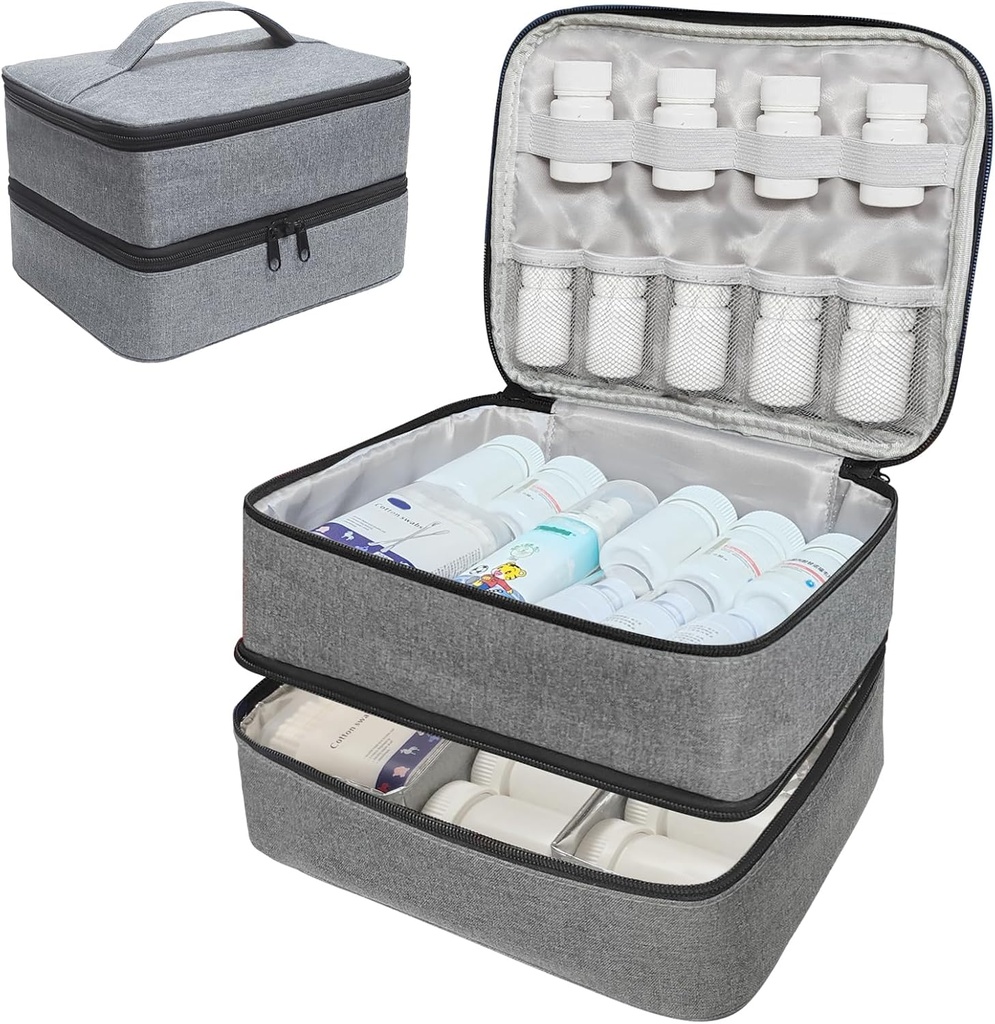 Travel Medicine Organizer and Storage Bag - Τσάντα διπλών στρώσεων Pill Bottle Organizer για φάρμακα έκτακτης ανάγκης, συμπληρώματα ή ιατρικά κιτ, Zippered Lockable άδεια τσάντα ιατρικής για το σπίτι (Grey, M)