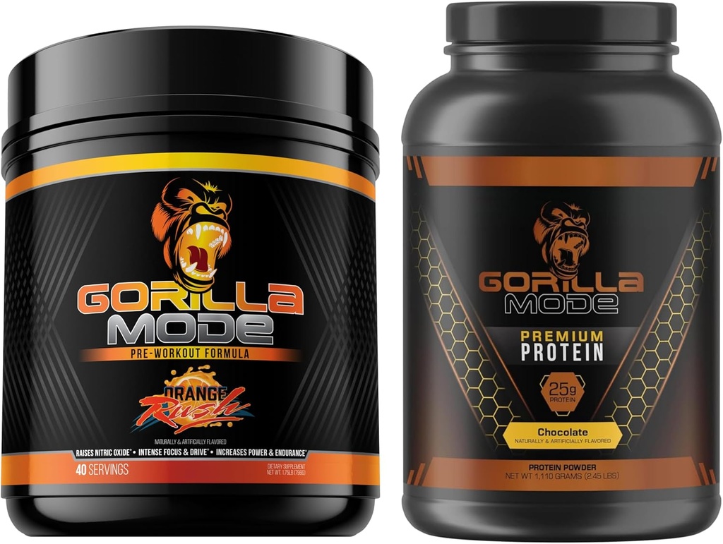 Gorilla Mind Pre προπόνηση (Orange Rush) + Premium πρωτεΐνη ορού γάλακτος (Chocolate) - συνολική στοίβα για την τροφοδοσία μέγιστων αποτελεσμάτων