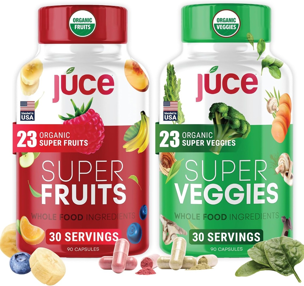 Juce Original Formula - Βιολογικά Super Fruit & Veggies συμπλήρωμα - Γλουτένη / Ζελατίνη Δωρεάν, χωρίς σόγια & Vegan-Κόκκινα & Πράσινα Superfood Κάψουλες- 23 Φρούτα & 23 Λαχανικά (180 Count)- By Terra Kai Organics