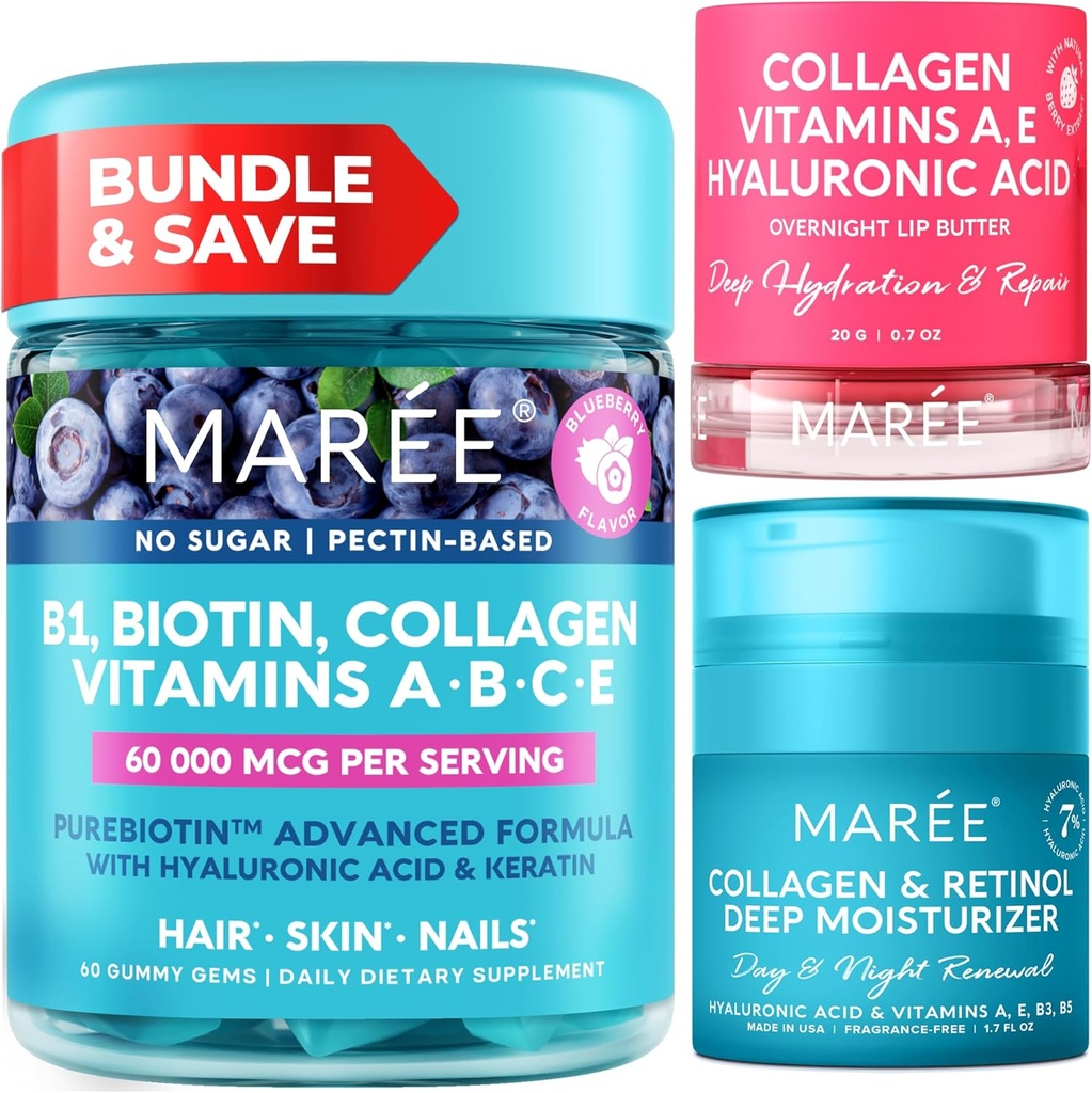 MAREE Bundle - Vitamin B1 Thiamine Gummies, Lip Mask, Face Moisturizer - A, E, D, C Vitamins - Collagen & Hyaluronic Acid, Retinol- Complex for Skin, Nails, Hair - Mask for Dry Lips - Anti-Aging Cream
