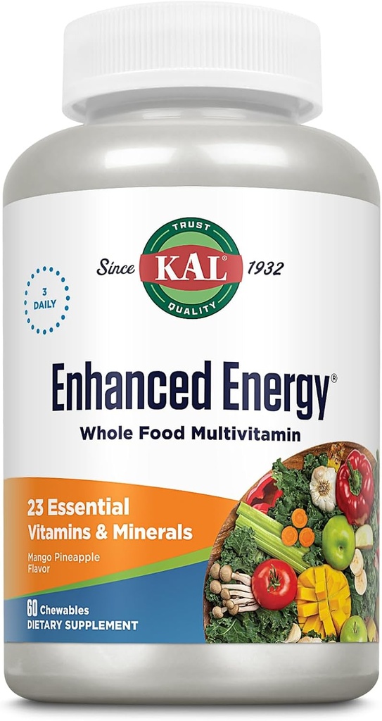 KAL Enhanced Energy Supplements, Whole Food Chewable Multivitamin with Iron, 3 Daily, 23 Essential Vitamins and Minerals, Super Foods, Enzymes, Mango Pineapple Flavor, 60-Day Εγγύηση, 20 Serv, 60ct