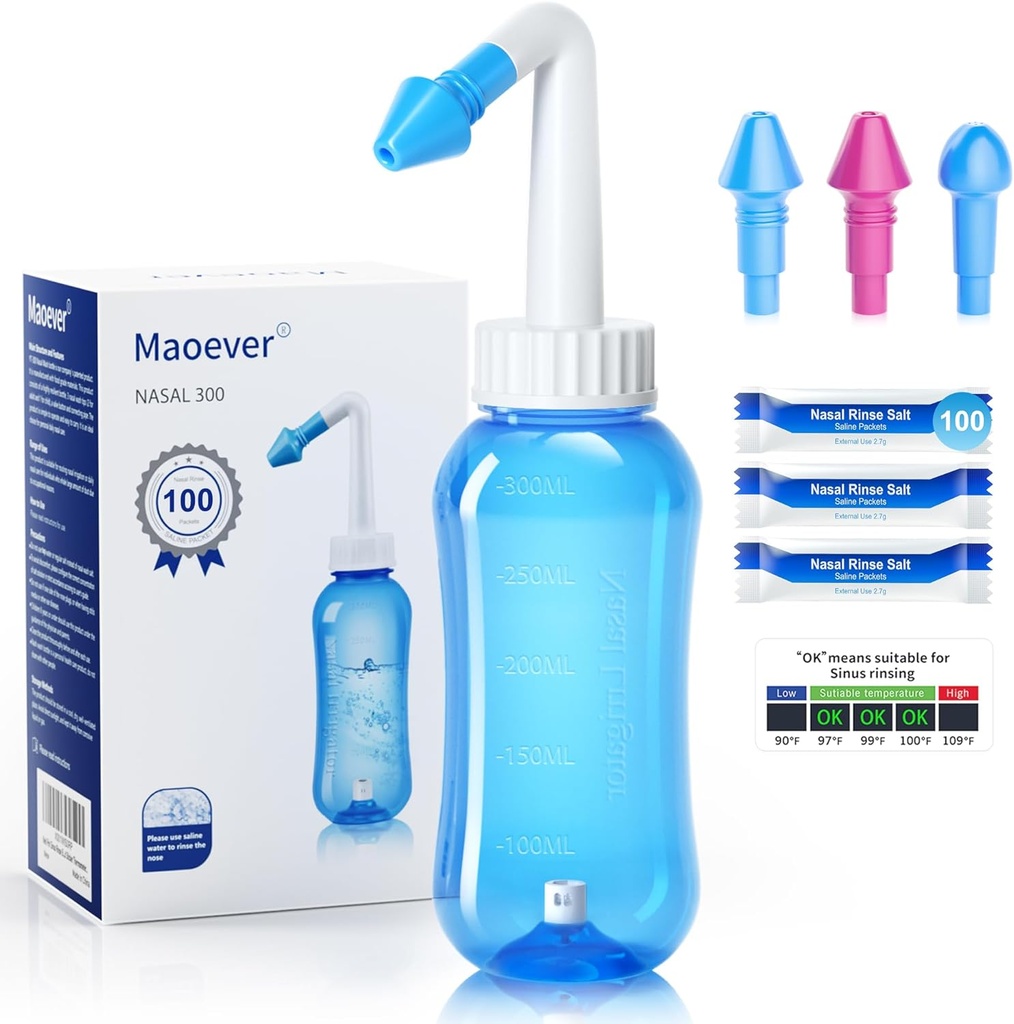 MaOEVER Neti Pot Sinus Ξεπλύνετε το μπουκάλι με 100 Nasινικό αλάτι πλυσίματος Packets μύτης πλύσης καθαρισμού πίεσης Ξεπλύνετε Nasνική άρδευση για ενήλικες & παιδί BPA Δωρεάν 300 ML με αυτοκόλλητο θερμόμετρο (μπλε)