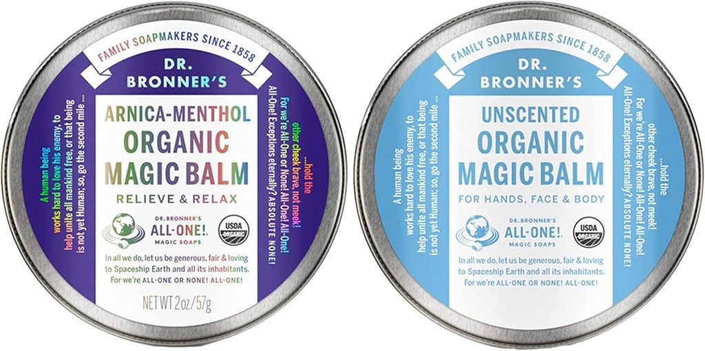 Dr. Bronner's - Organic Magic Balm (2 oz Variety Pack) Arnica-Menthol & Baby Unscented - Made with Organic Beeswax & Hemp Oil, Moisturizes and Soothes Hands, Face & Body 