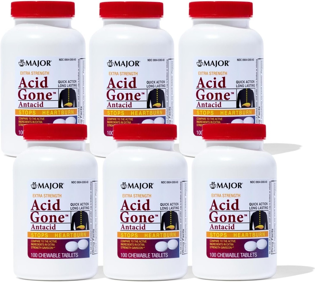 Major Acid Gone Extra Strength Αντιόξινα Μασώμενα δισκία - Anti-Acid Relief - Acid Relux Medicine for Adults - Αναστατωμένο στομάχι, οξύ δυσπεψία, και Heartburn Relief - Long-Lasting - 100 Count (6 Pack)