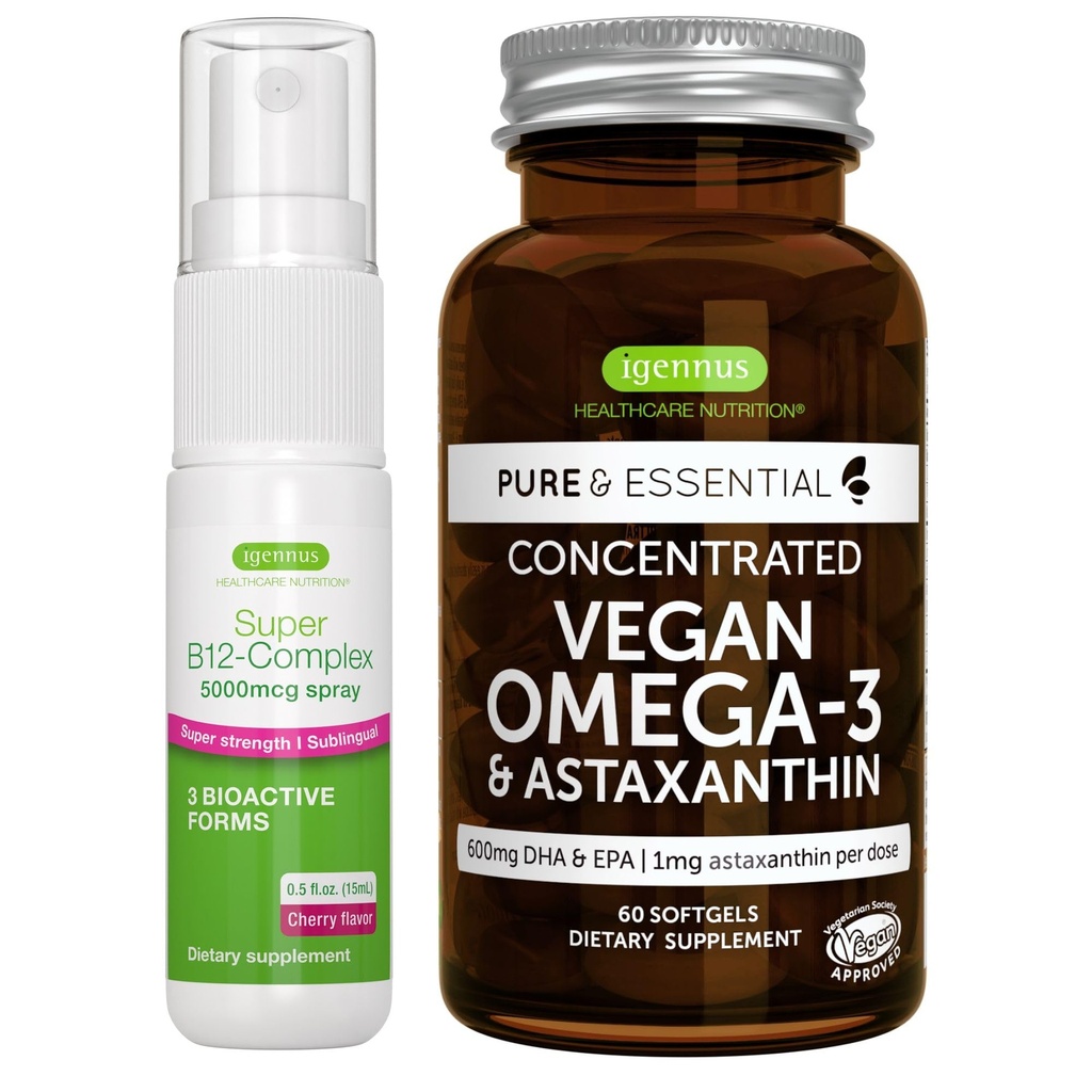 Vegan Omega-3 Algae Oil + Super B12-Complex 5000mcg Vegan Bundle, Υψηλή συγκέντρωση DHA & EPA + Υψηλή δύναμη B12 Cherry Flavor Sublingual Spray, από Igenus
