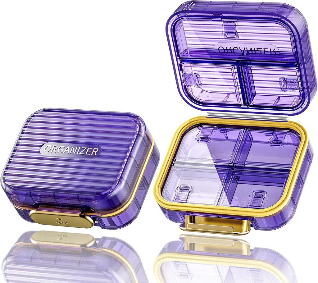 Acedada Μικρό κουτί χάπι, Travel Pill Organizer, Compact 7-Compartment Moistureproof θήκη χάπι για το πορτοφόλι, Chic Daily Pill Container, Portable Medicine & Vitamin Κάτοχος για το ιχθυέλαιο & συμπληρώματα, μοβ