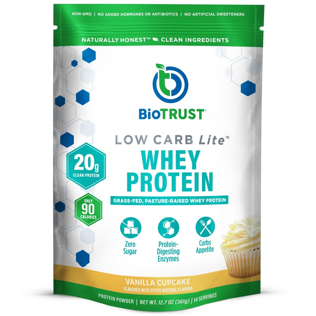 BioTrust χαμηλή υδατανθράκων Lite, 20 γραμμάρια χόρτου-Fed πρωτεΐνη Whey Isolate, 100 θερμίδες, ProHydrolase Digestive Ένζυμα, μη GMO, δωρεάν από σόγια και γλουτένη, rBGH-free (14 υπηρεσίες) (Vanilla Cupcake)